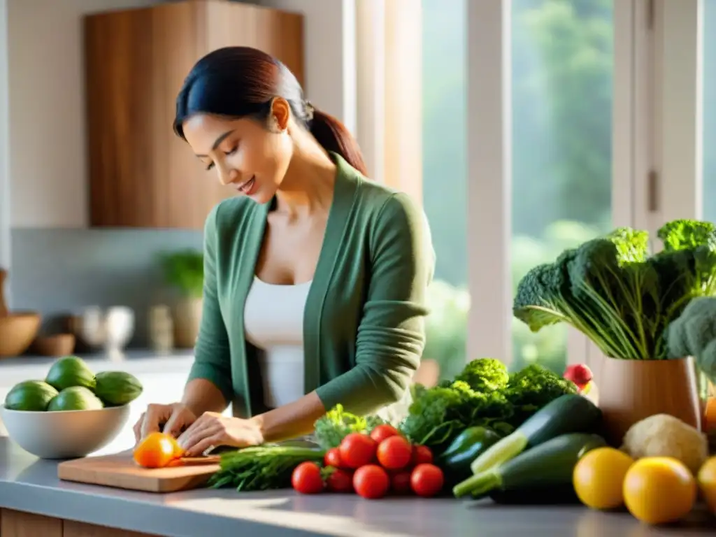 Una cocina serena con una mujer practicando mindfulness al preparar una deliciosa comida sin gluten