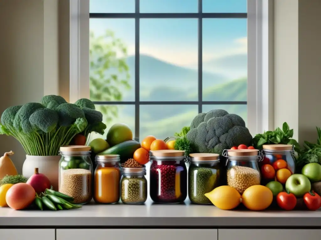 Una cocina serena y organizada con frutas, verduras, granos sin gluten y hierbas