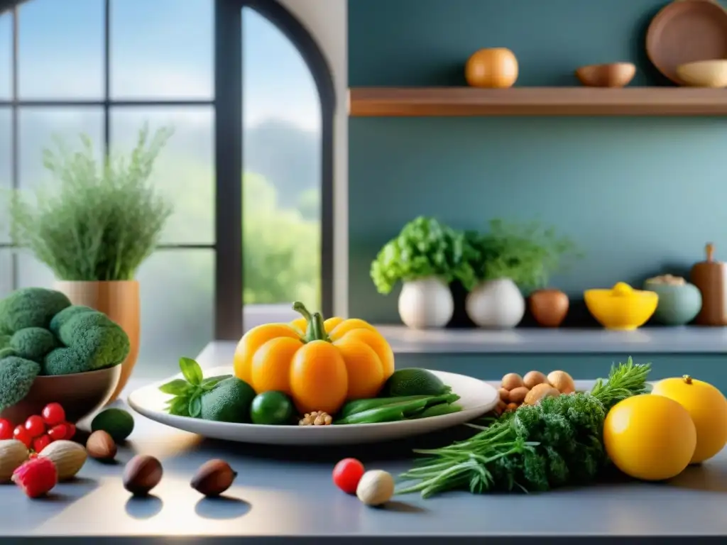 Una cocina serena y soleada llena de ingredientes coloridos y una comida sin gluten hermosamente dispuesta en un plato elegante