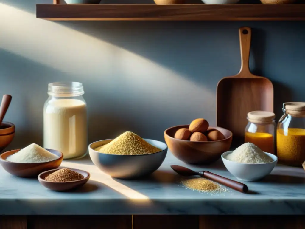 Escena de cocina serena con ingredientes innovadores sin gluten Una cocina serena con sustitutos innovadores recetas sin gluten sobre una elegante encimera de mármol