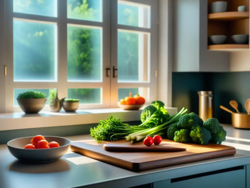 Cocina serena con utensilios, verduras frescas y libro de recetas sin gluten