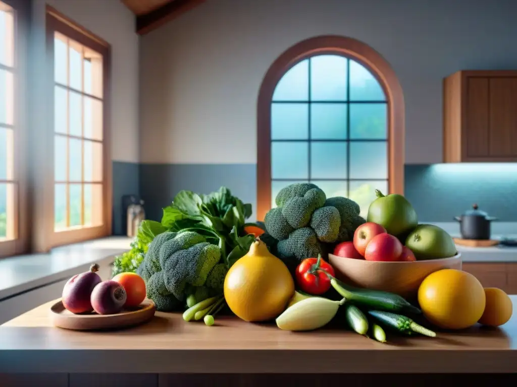 Un rincón de cocina sereno y acogedor con frutas frescas, verduras y granos sin gluten