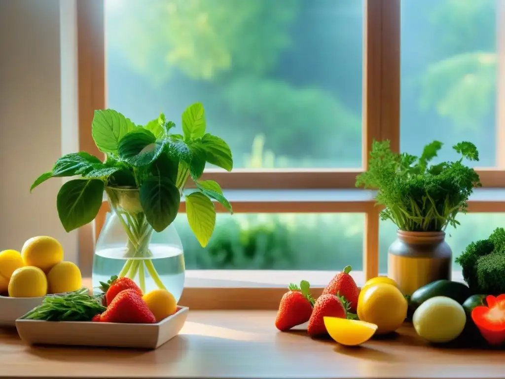 Un rincón de cocina sereno con alimentos frescos y coloridos para una Dieta FODMAP baja en gluten