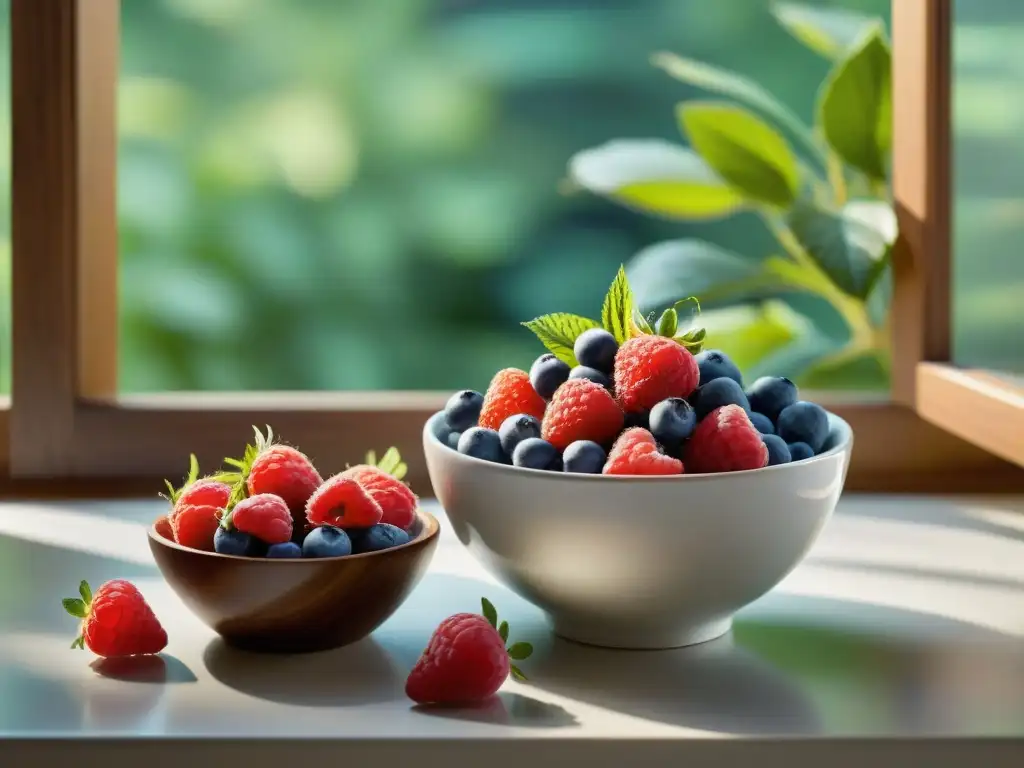 Un rincón de cocina sereno con frutas frescas y edulcorantes naturales sin gluten, bañado en luz natural