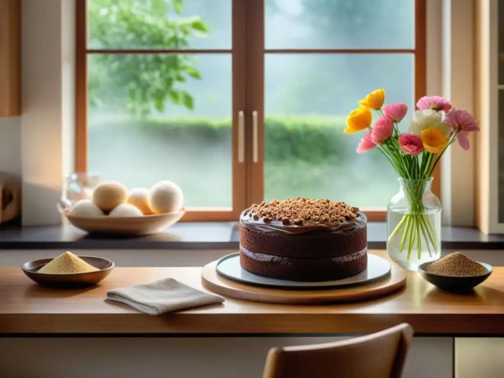 Un rincón de cocina sereno con ingredientes de repostería sin gluten organizados, invita a una aventura culinaria creativa