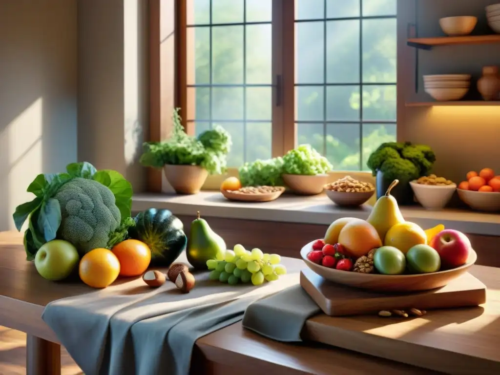 Una cocina soleada llena de alimentos sin gluten para cerebro, coloridos y frescos, sobre una mesa de madera rústica