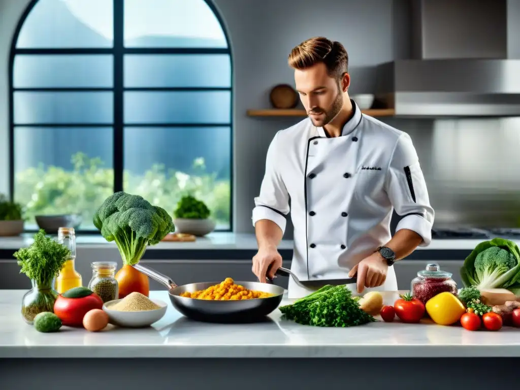 Cocina sin gluten con tecnología de vanguardia y chef preparando plato innovador