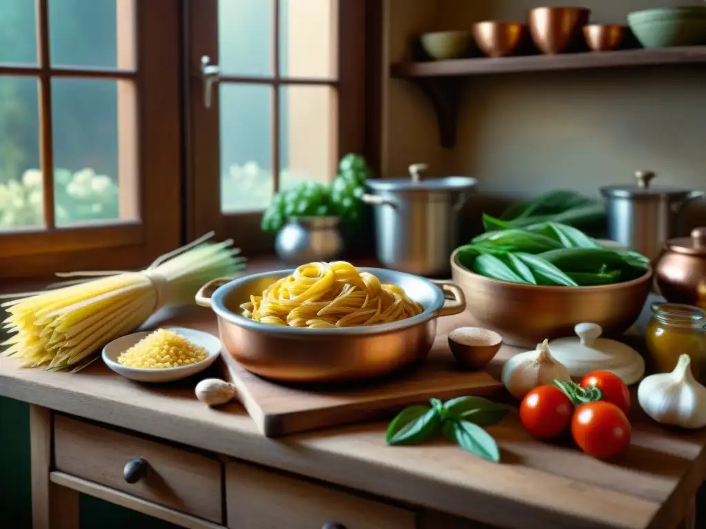 Una cocina sin gluten tradicional italiana con mesa de pasta de madera y ingredientes esparcidos al sol