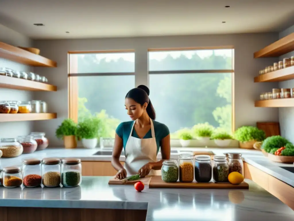 Cocina tranquila y organizada con mujer preparando platos sin gluten, generando una atmósfera de paz y armonía