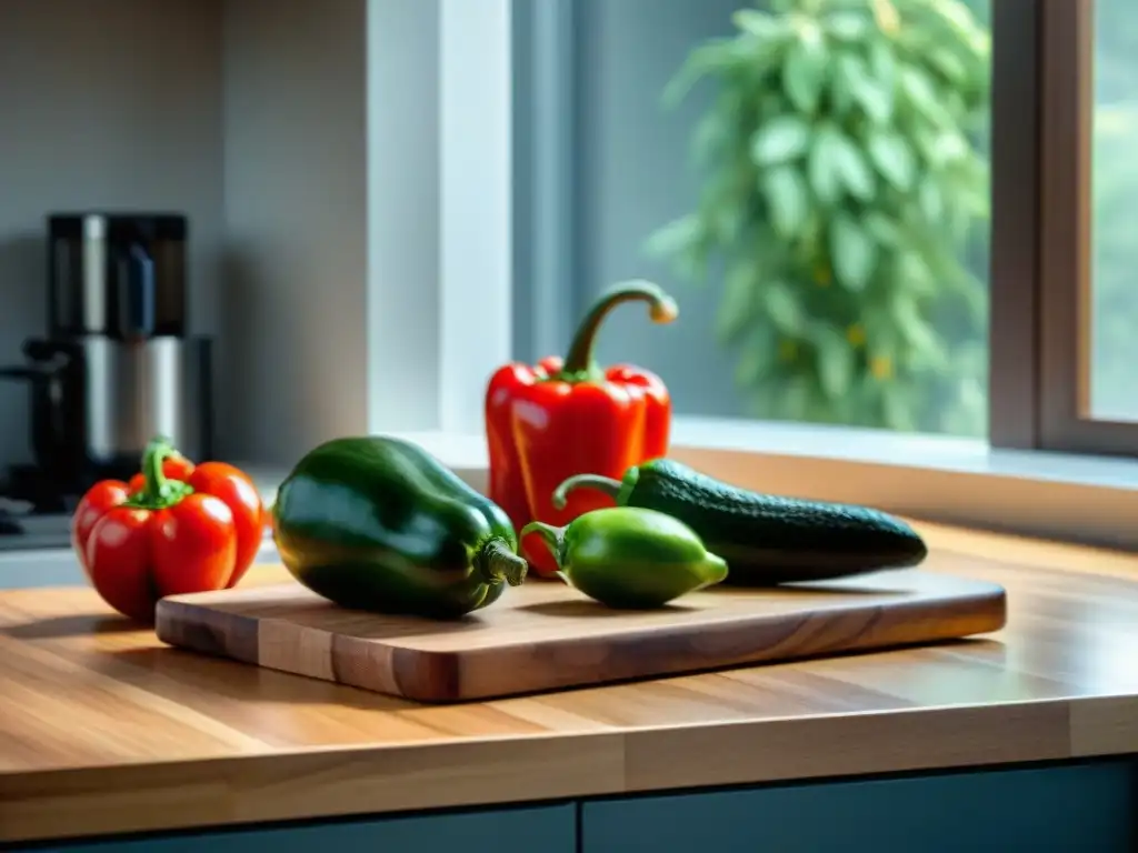 Un rincón de cocina tranquilo y acogedor con ingredientes frescos y coloridos en una encimera de madera