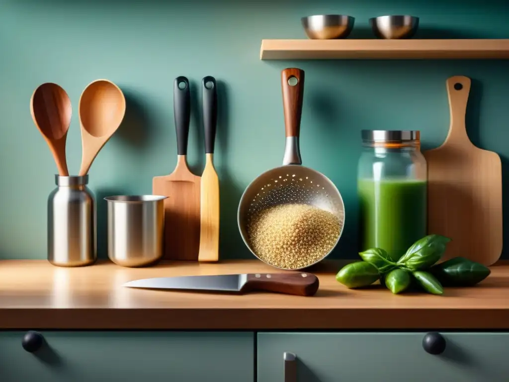 Utensilios de cocina sin gluten: orden y eficiencia Cocina sin gluten utensilios esenciales brillando en una encimera organizada y prístina, iluminada cálidamente
