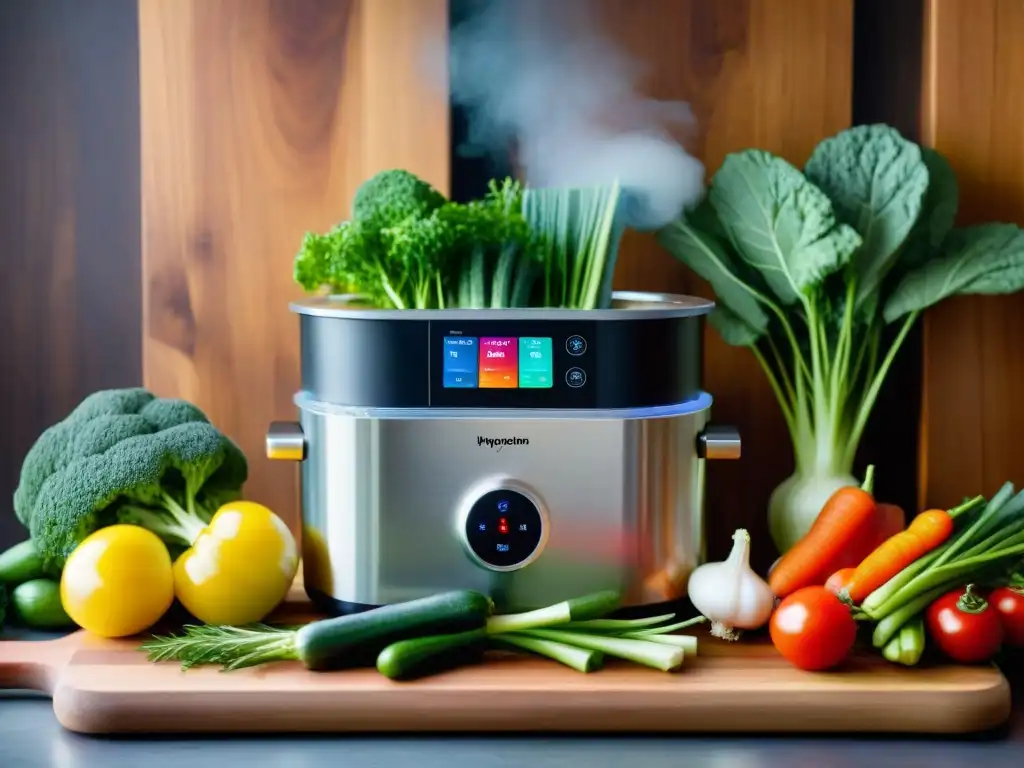 Una cocina al vacío sin gluten: moderna máquina rodeada de vegetales frescos y coloridos en tabla de madera