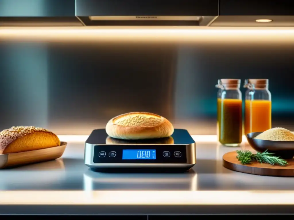 Una cocina de vanguardia llena de gadgets sin gluten, iluminados por una luz cálida y ambiental
