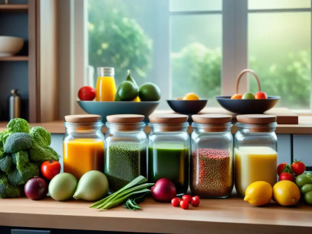 Cocina acogedora con frutas y vegetales frescos Cocina vegana sin gluten: Cocina acogedora con frutas, verduras y especias coloridas, libros de cocina y una batidora moderna