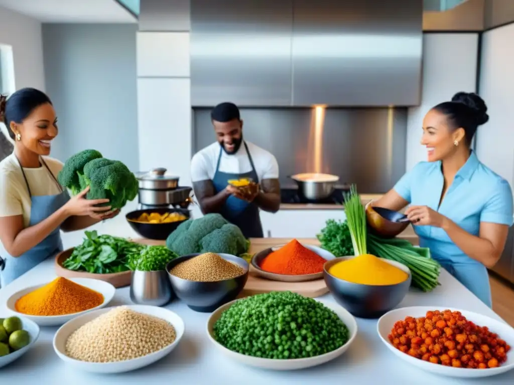 Celebrando la cocina vegana sin gluten, un grupo diverso prepara y disfruta platos coloridos en una cocina moderna y luminosa