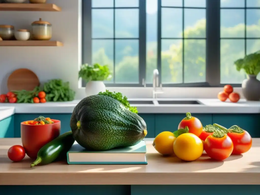 Una cocina vegana sin gluten para principiantes, rebosante de frutas y verduras frescas y coloridas, bañadas por la luz del sol