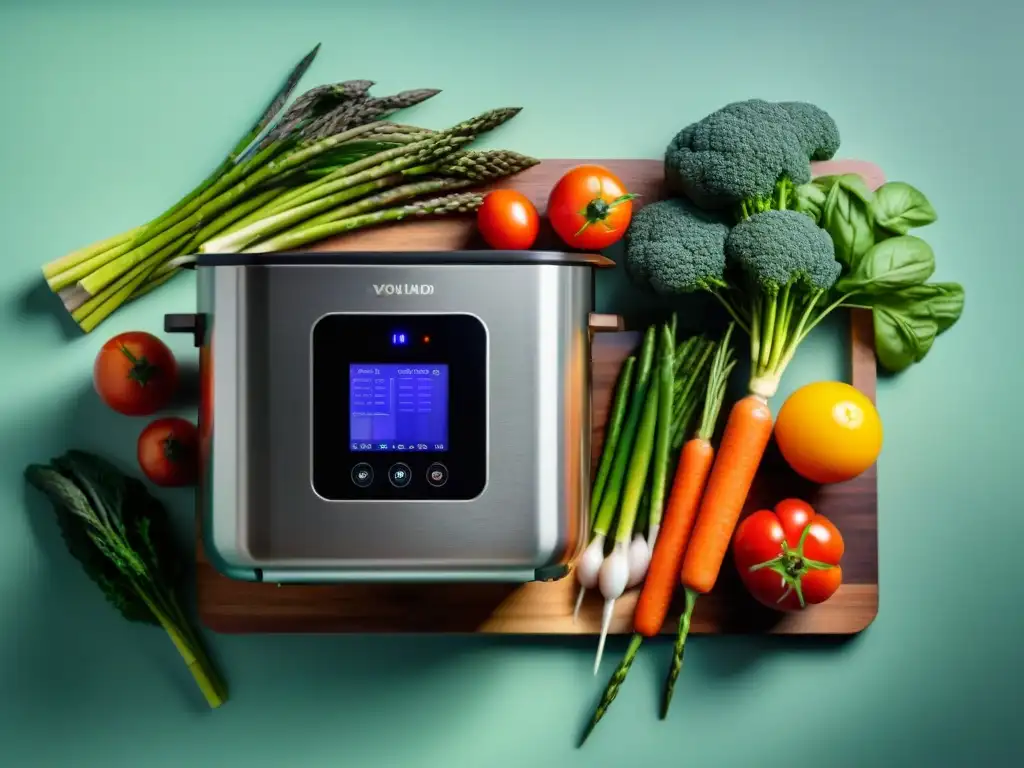 Una cocina sin gluten sous vide: verduras frescas y coloridas sobre tabla de madera junto a moderna máquina de acero inoxidable