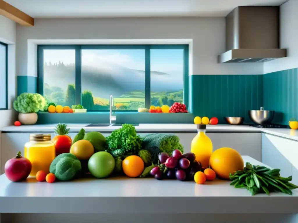 Una cocina vibrante con frutas, verduras y vitaminas organizadas, ideal para cocina sin gluten