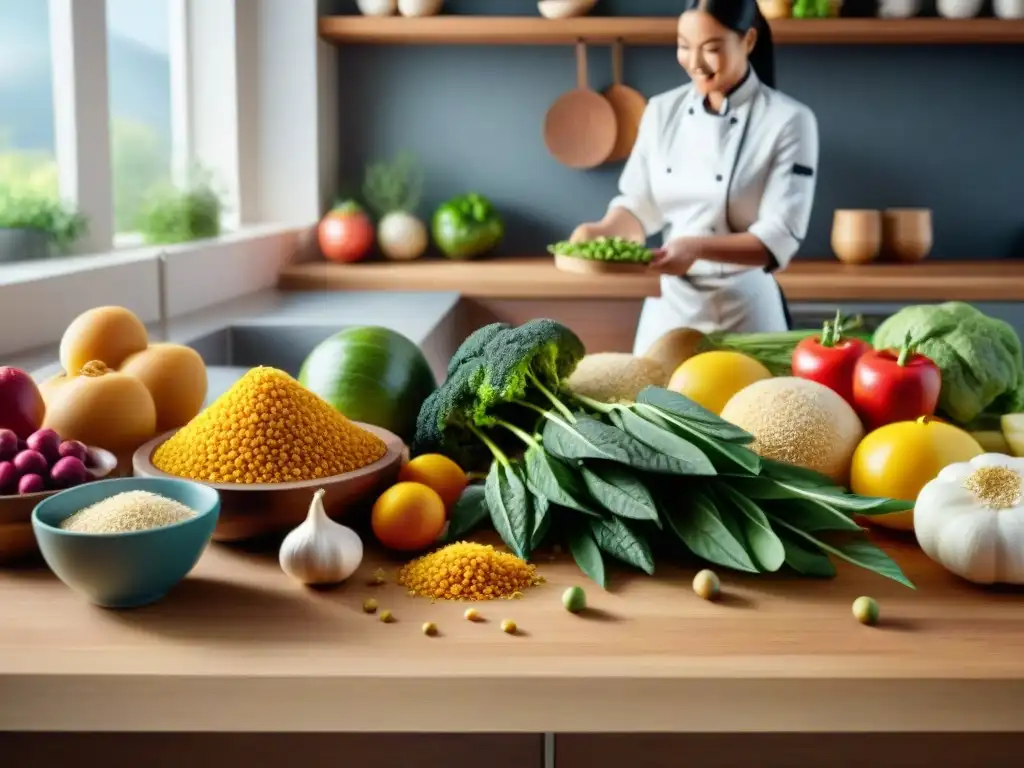 Una cocina vibrante llena de alimentos frescos y coloridos, con un chef preparando ingredientes