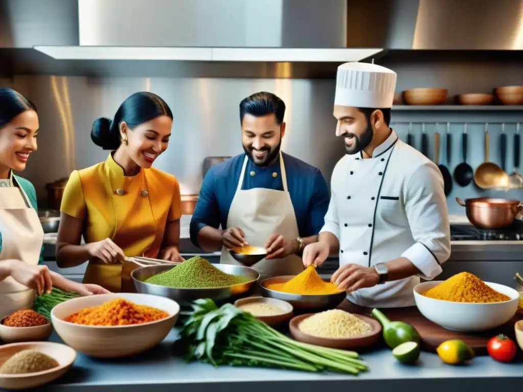 Una cocina vibrante llena de diversidad cultural, donde personas preparan recetas sin gluten de diferentes culturas con alegría