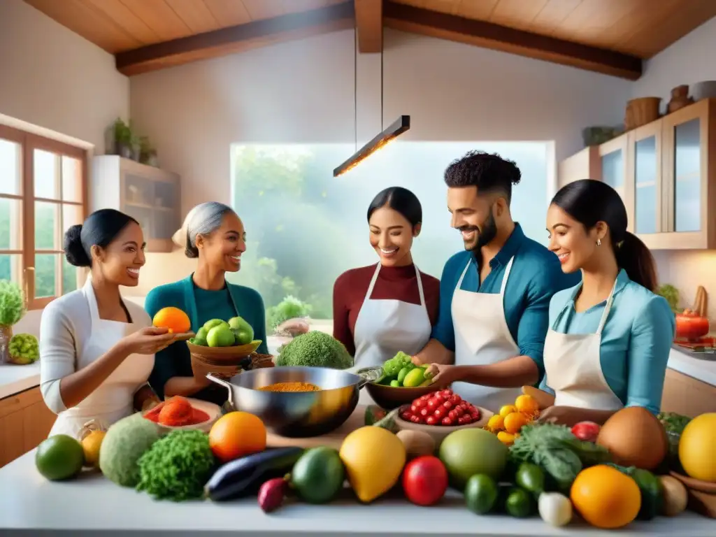 Una cocina vibrante donde personas de diversas culturas cocinan juntas, celebrando la diversidad culinaria en una comida vegana sin gluten