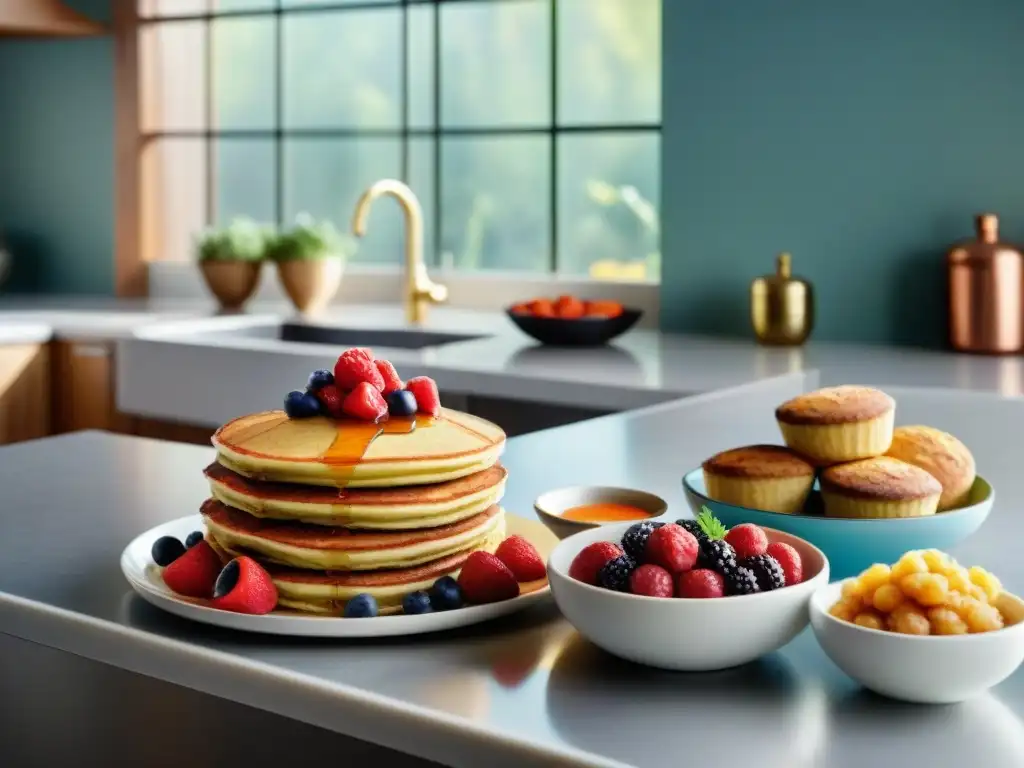 Una cocina vibrante con platos sin gluten: ensalada de quinoa, pancakes con frutas y muffins