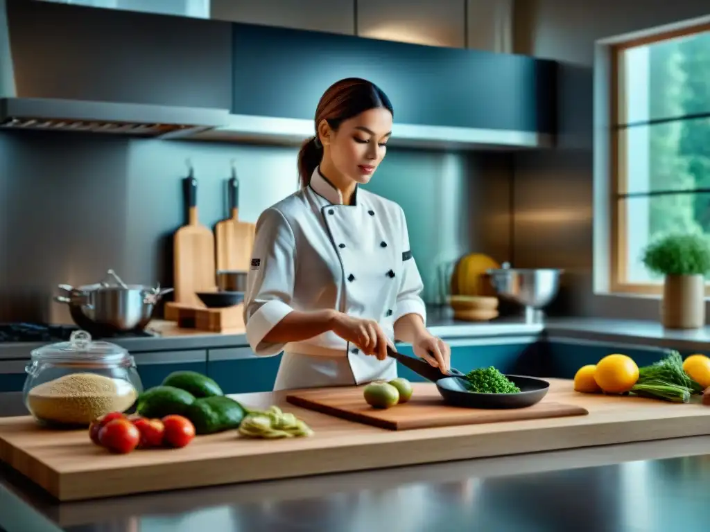 Un cocinero prepara con confianza una comida sin gluten en una cocina moderna y organizada, destacando técnicas para evitar cruce de alérgenos