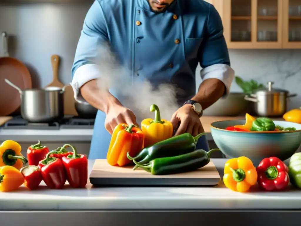 Un cocinero corta pimientos en una cocina bulliciosa con ingredientes frescos y coloridos en un elegante mostrador de mármol