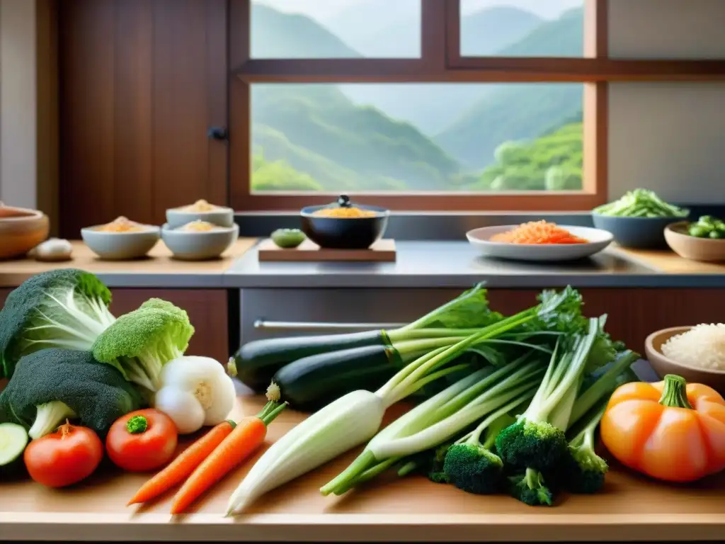 Un cocinero tradicional preparando kimchi sin gluten en una cocina coreana, con ingredientes frescos y coloridos en la mesa de madera