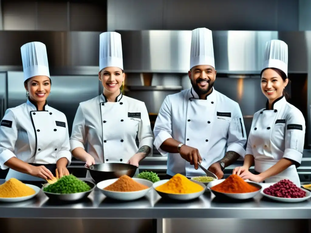 Cocineros apasionados elaborando platos sin gluten innovadores en una cocina moderna