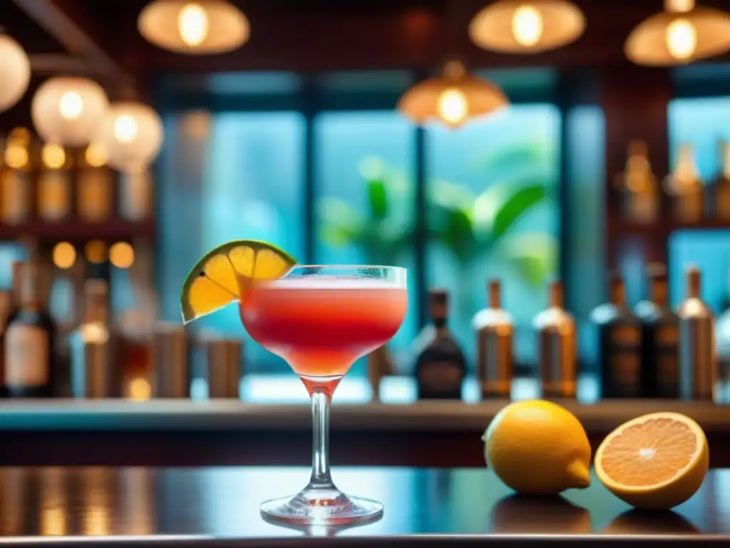 Coctel sin gluten: detallado y vibrante Un cóctel sin gluten innovador, con adornos vibrantes y detalles intrincados, en un elegante ambiente de bar
