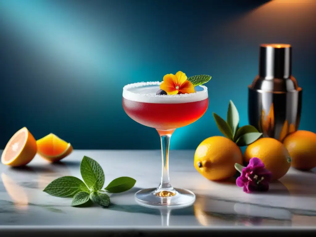 Cóctel sin gluten: innovación y sofisticación en mixología Un cóctel sin gluten innovador, decorado con frutas frescas y hierbas, en una elegante barra de mármol