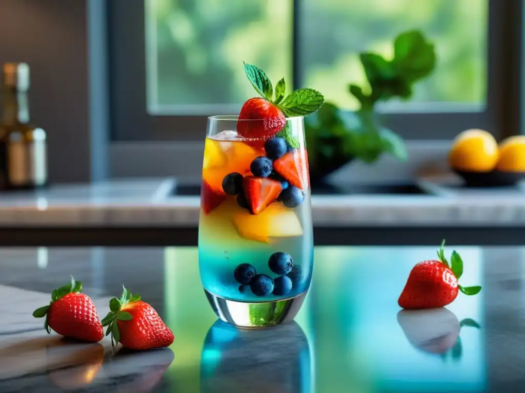 Un cóctel vegano sin gluten festivo en un vaso de cristal con frutas frescas y menta, sobre una elegante encimera de mármol iluminada por luz natural