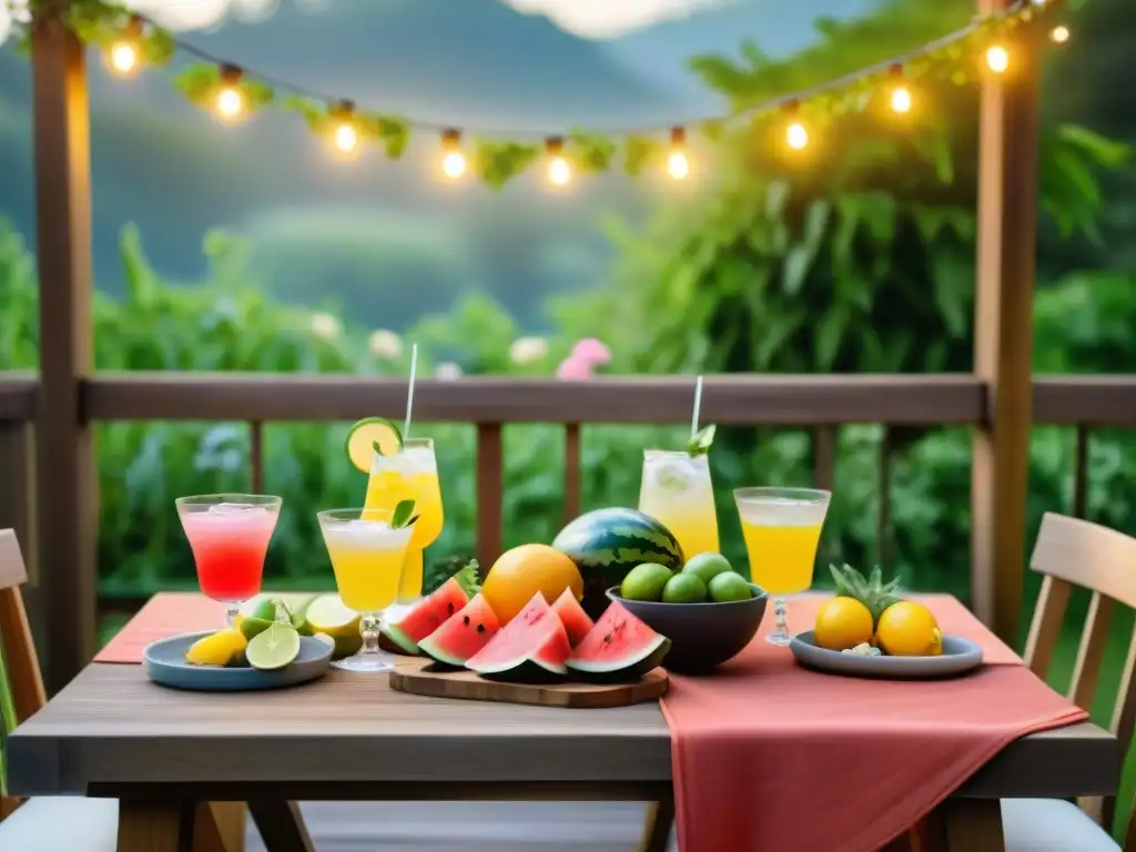 Cócteles de verano sin gluten en una hermosa cena al aire libre con luces brillantes y jardín floreciente al atardecer