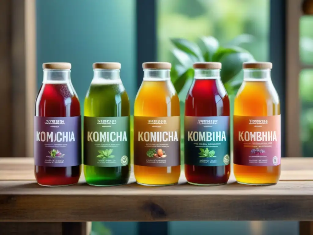 Una colección vibrante de botellas de kombucha, con recetas innovadoras y sin gluten, en una mesa de madera rústica