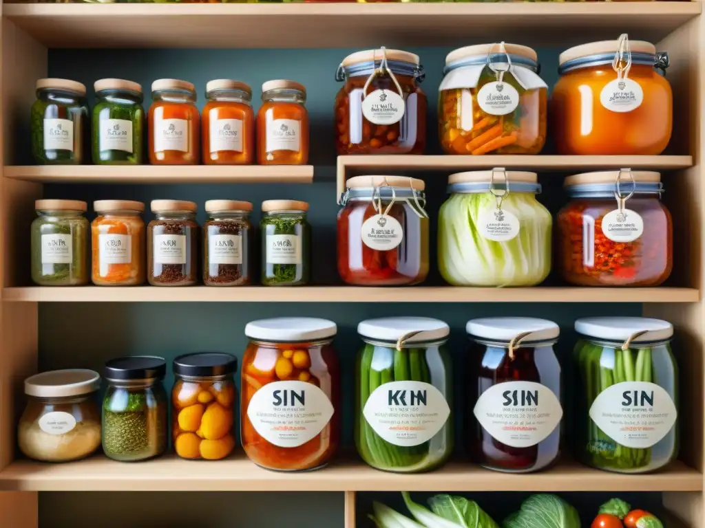 Una colección vibrante de tarros de kimchi sin gluten en estantes de madera rústica, iluminados por cálida luz solar