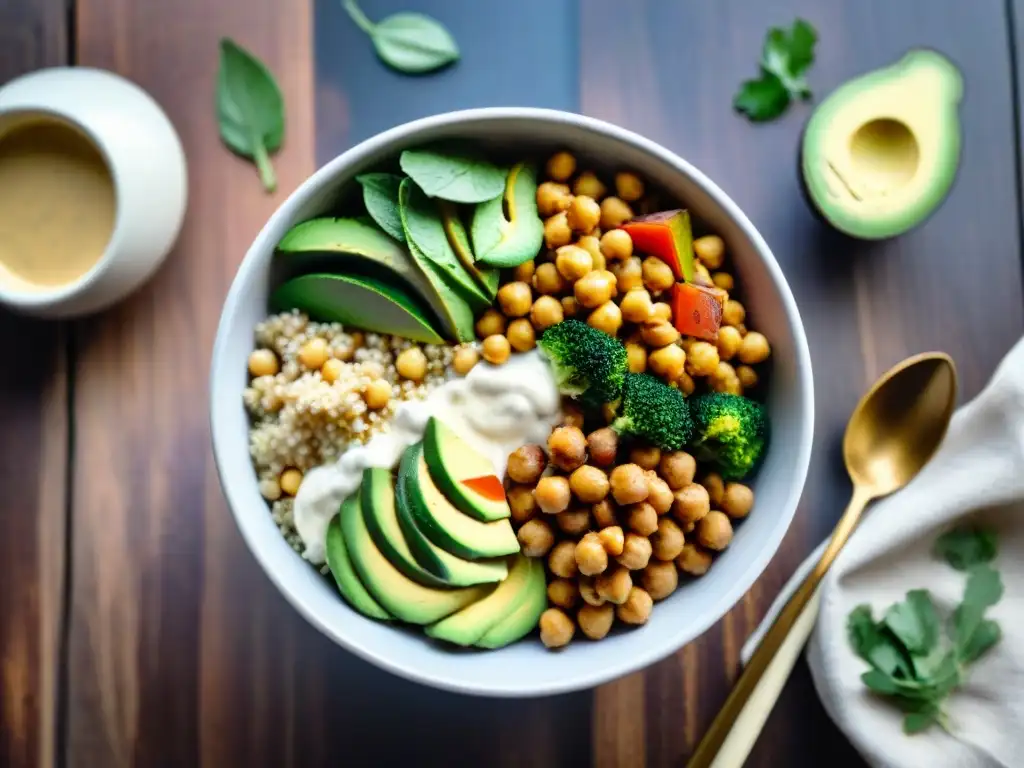 Una colorida Buddha bowl vegana sin gluten con ingredientes frescos en un ambiente natural