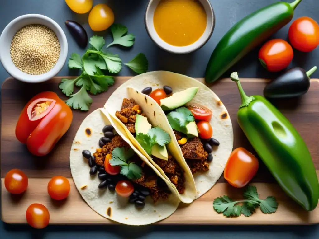 Una colorida y detallada composición de ingredientes para tacos sin gluten, mostrando recetas innovadoras en una mesa rústica