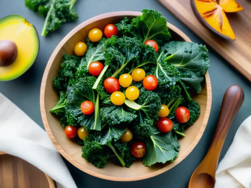 Una colorida ensalada sin gluten con kale fresca, aguacate, tomates cherry y batatas asadas, todo aderezado con vinagreta de limón