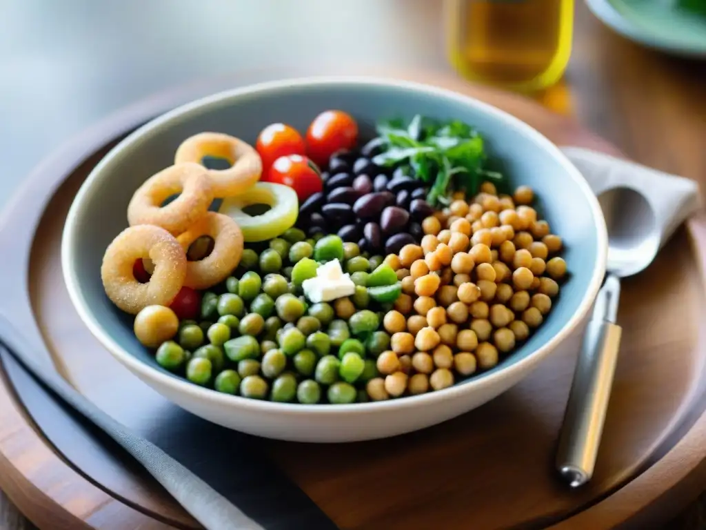 Una colorida ensalada de legumbres y vegetales frescos en una mesa de madera