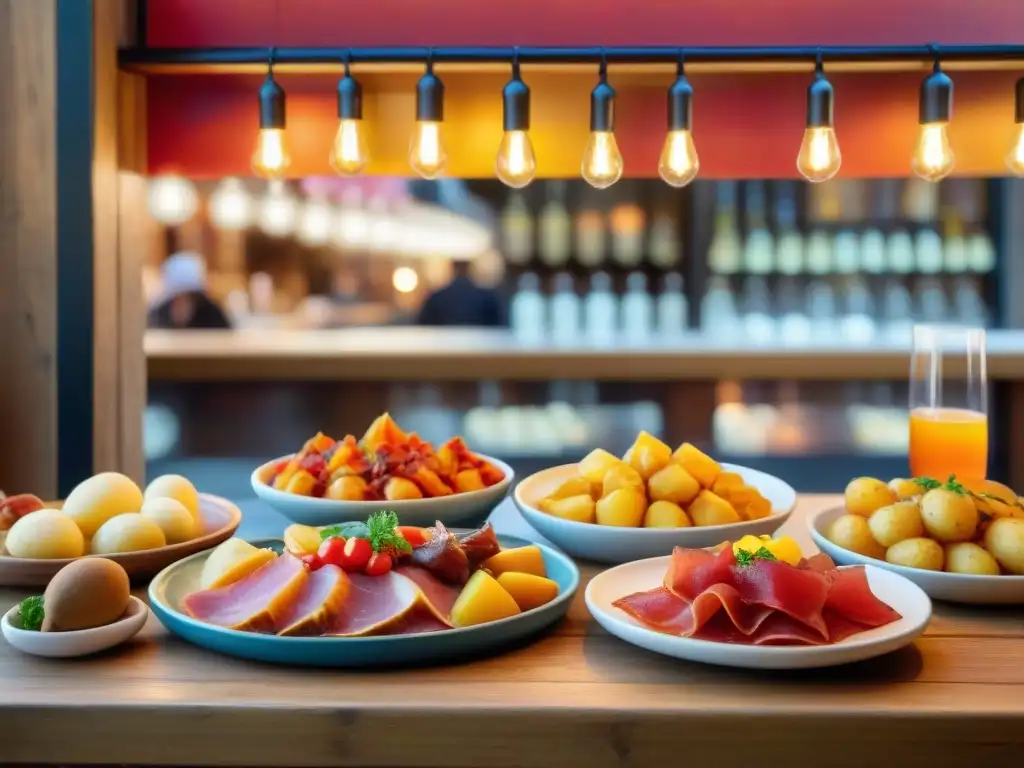 Una colorida escena de un bullicioso bar de tapas en Madrid con recetas sin gluten innovadoras España