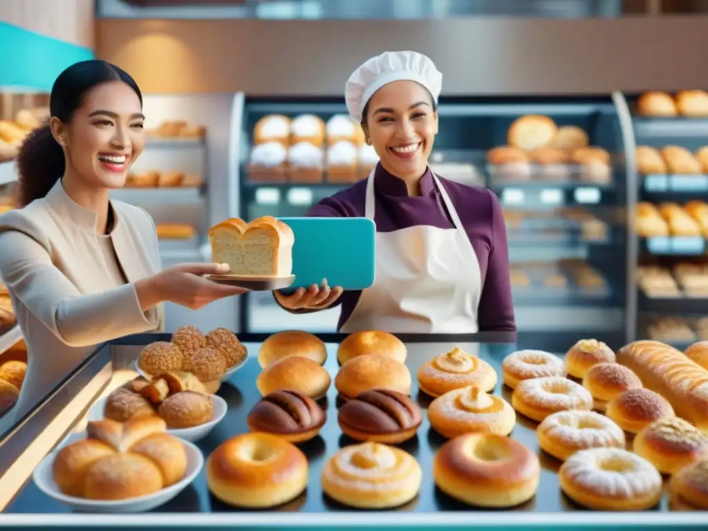 Una colorida escena de diversidad, felicidad y variedad de panadería sin gluten en tiendas online