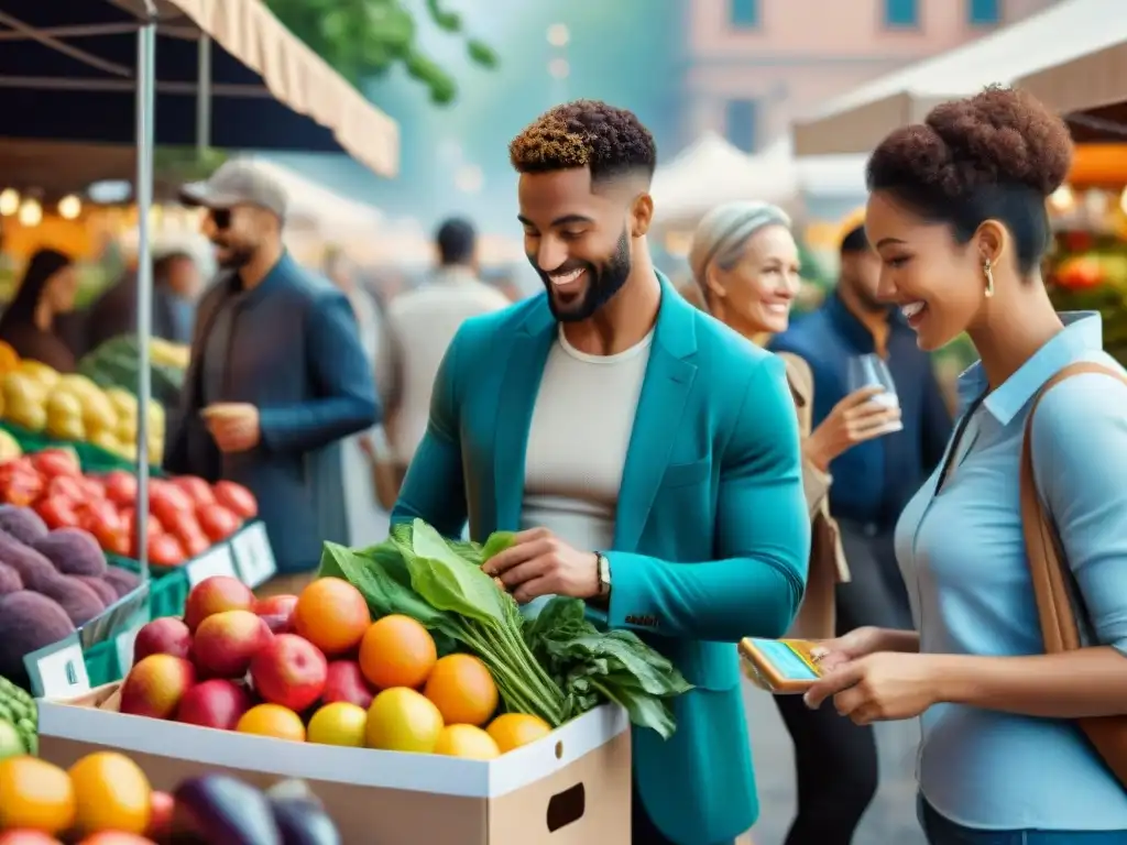 Una colorida escena en el mercado con personas diversas seleccionando productos sin gluten y aplicaciones lista compras dieta sin gluten