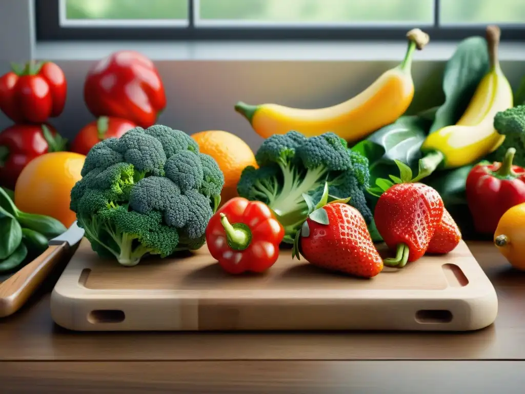 Una colorida y fresca selección de frutas y verduras ricas en vitaminas, sobre tabla de madera