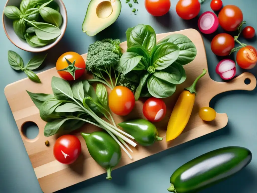 Una colorida y fresca variedad de ingredientes para ensaladas sin gluten en una tabla de cortar de madera