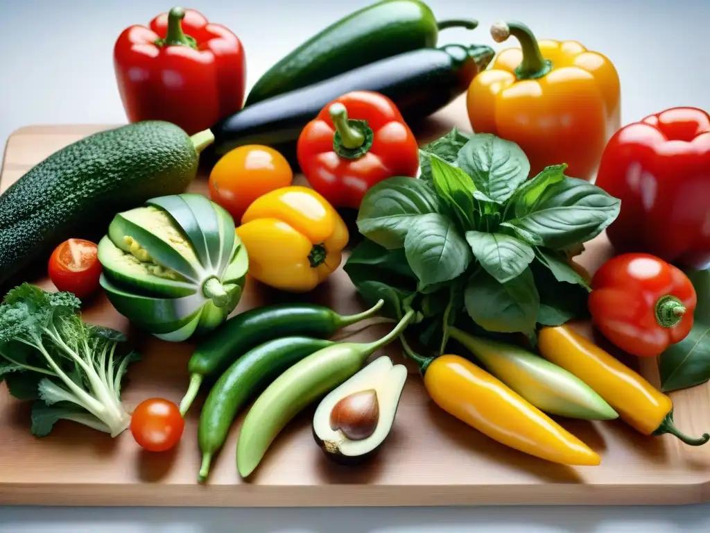 Una colorida y fresca selección de verduras y frutas sobre tabla de madera