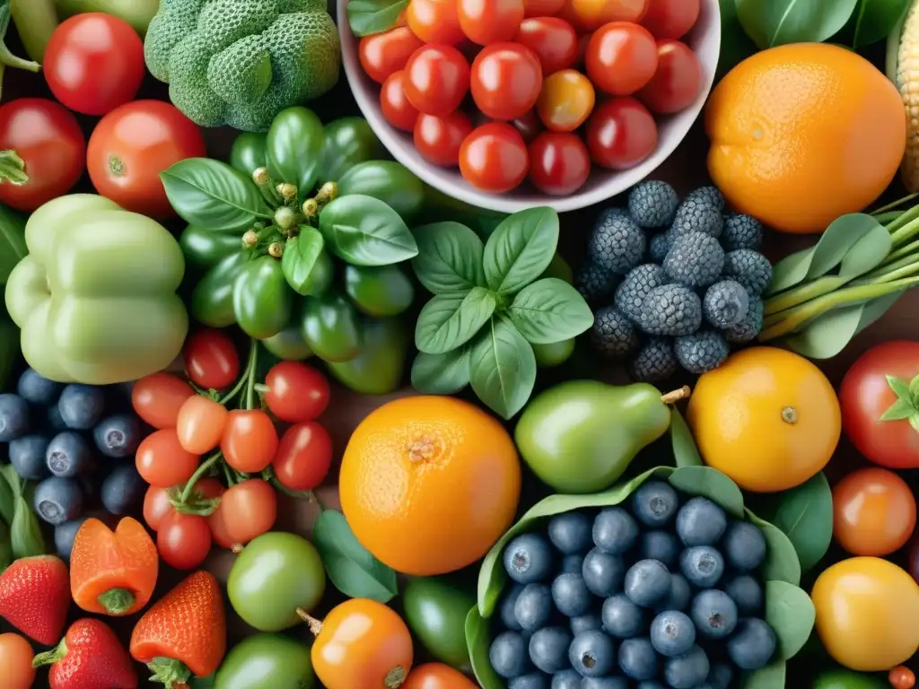 Exquisita variedad de frutas y verduras frescas en una colorida exhibición Una colorida exhibición de frutas y verduras frescas, esenciales para una dieta sin gluten y rica en vitaminas