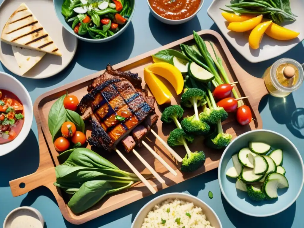 Una colorida barbacoa sin gluten en verano: vegetales y carnes a la parrilla, ensaladas frescas y un ambiente alegre y vibrante