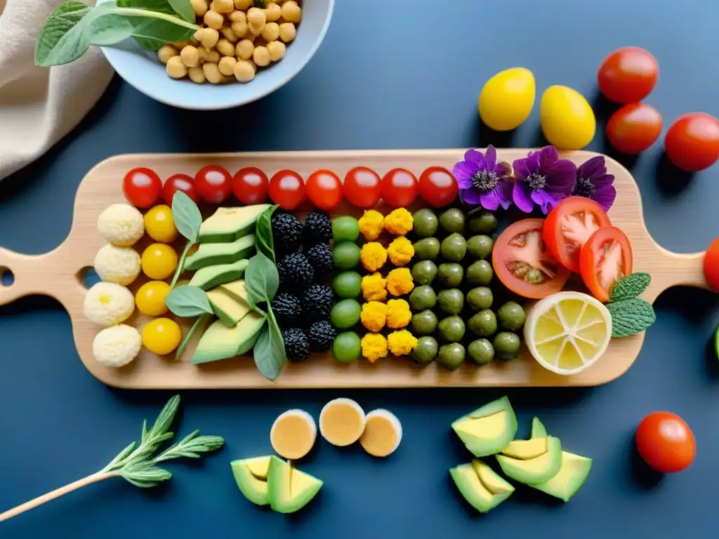 Colorida merienda sin gluten para niños con frutas, arroz con aguacate, garbanzos crujientes y vegetales con hummus en mesa de madera