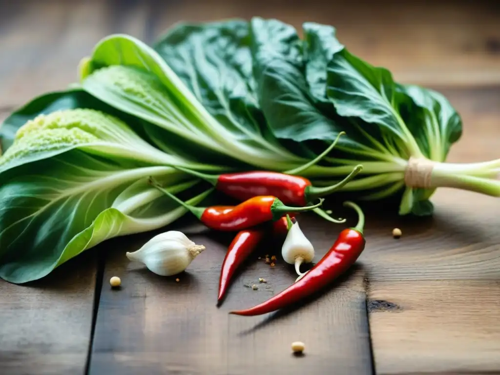 Colorida preparación de receta kimchi sin gluten con chiles rojos, col Napa, especias y vegetales frescos sobre mesa rústica